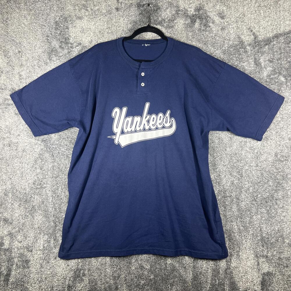 New York Yankees Shirt Mens XL Blue Graphic Print Relaxed Band Collar